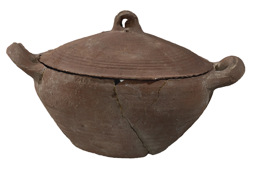 Braunes Keramikgefäß mit zwei kleinen Henkeln links und rechts sowie Deckel.